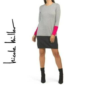 NWT Nicole Miller Crew Neck Soft Cotton Knit Color Block Sweater Mini Dress